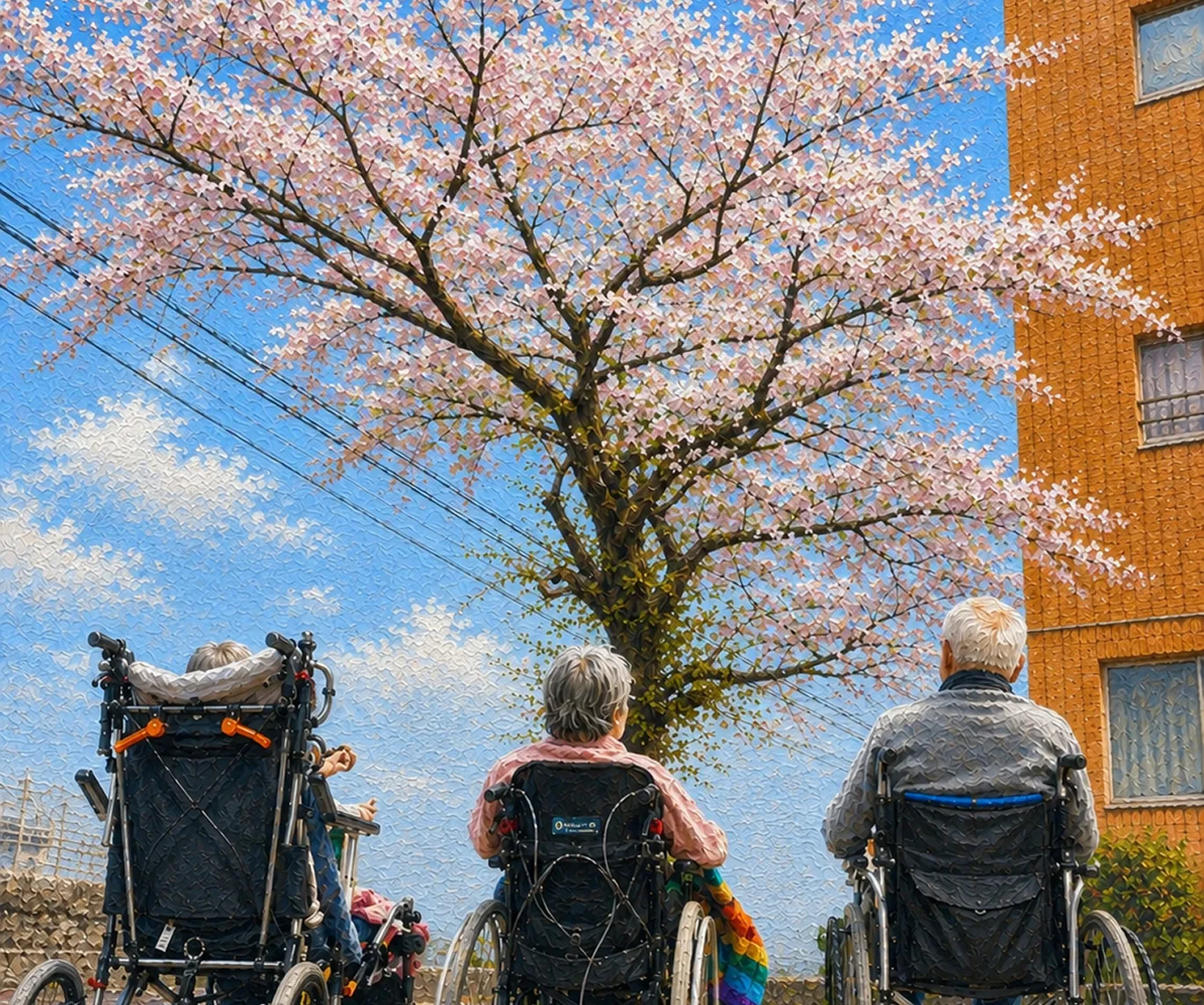 桜の木の下で並ぶ車椅子の高齢者